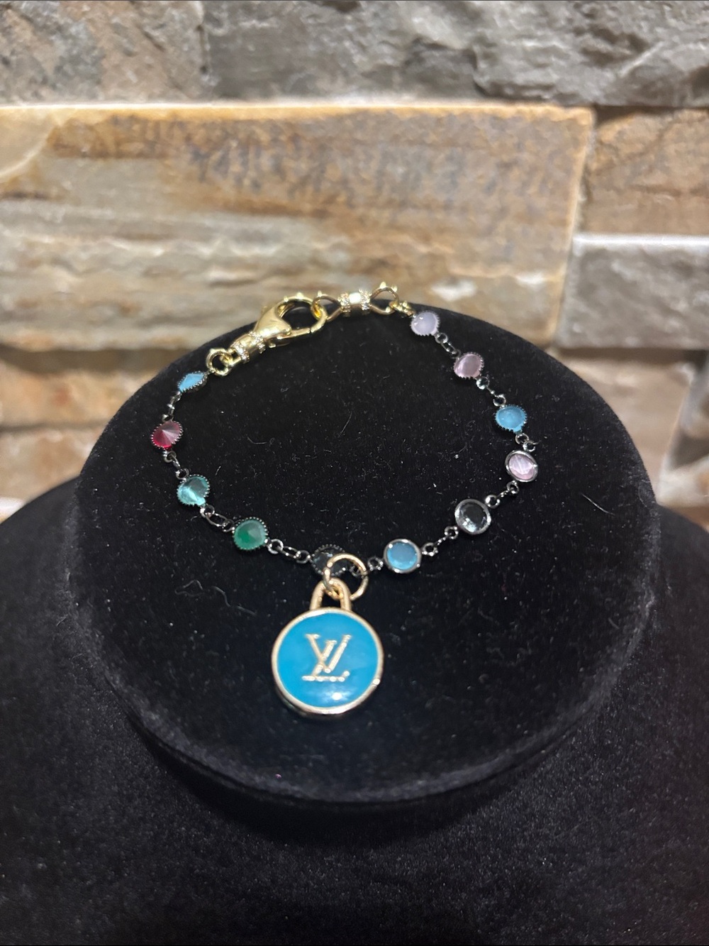 Multicolor Enamel Charm Bracelet with Turquoise Blue LV Pendant